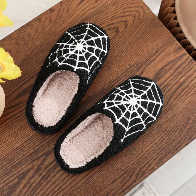 Halloween Spider Web Pattern Plush Woolen Cotton Indoor Slippers - Non-Slip Comfortable Shoes for Men & Women