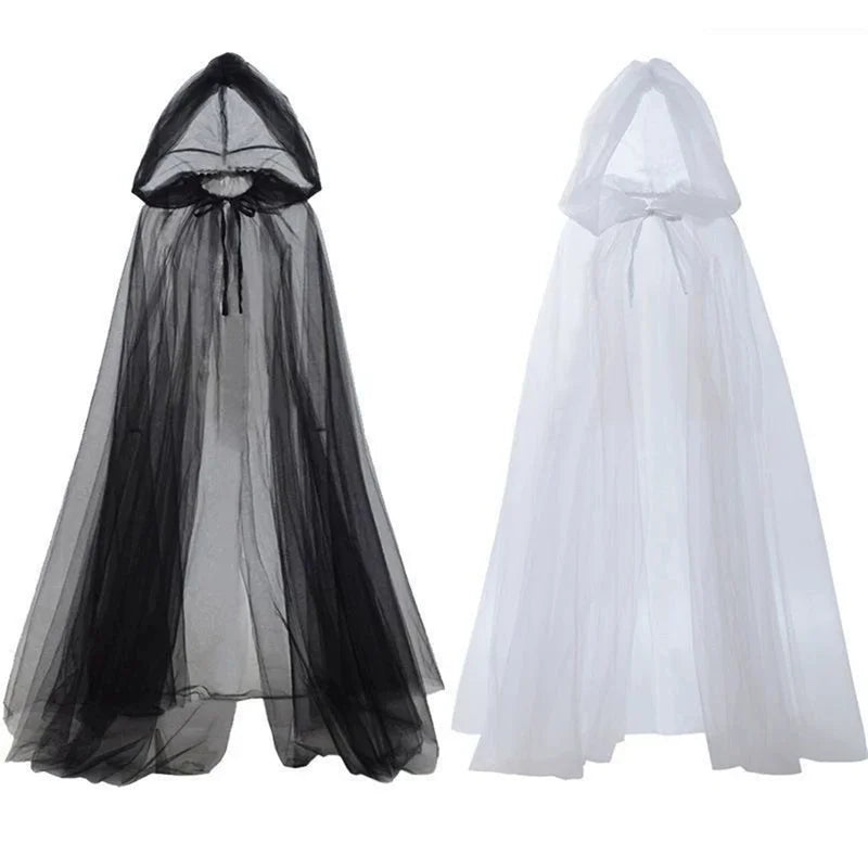 Unisex Ghost Costume with Hooded Cloak and Net-Like Dress for Halloween - Multiple Colors
