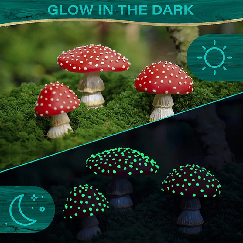 Glow in The Dark Mini Mushroom Ornaments Resin Fairy Garden Decor Set