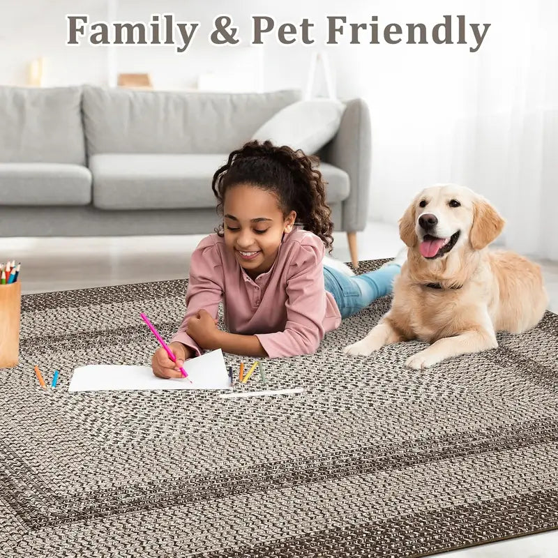 Boho Braided Area Rug 8x10FT Large Non-Shedding Floor Carpet for Living Room