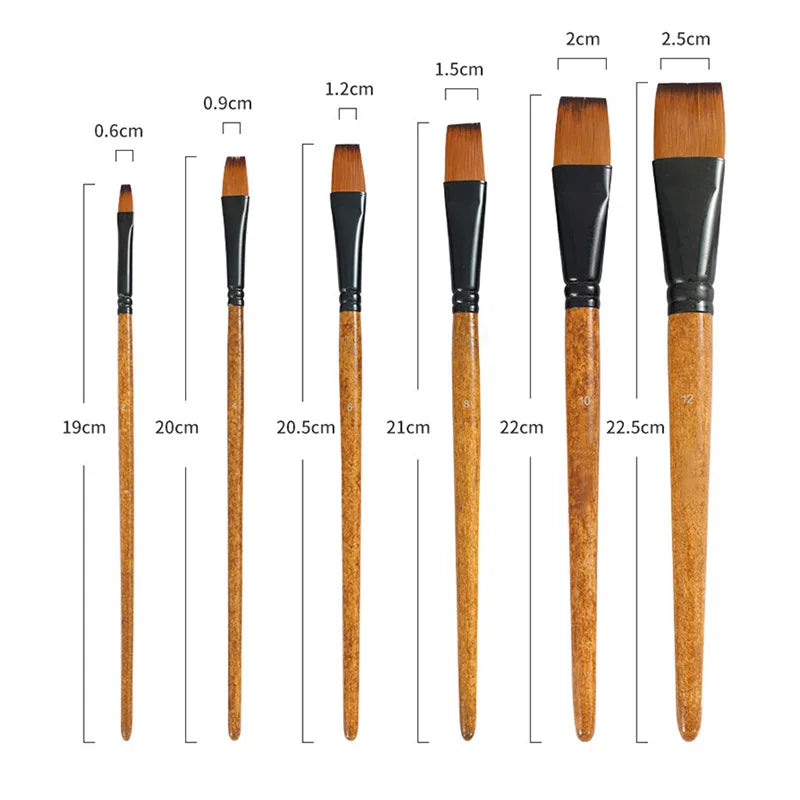 Flat Paint Brush Set for Oil Watercolor Acrylic Art Supplies - Wooden Handle Nylon Hair