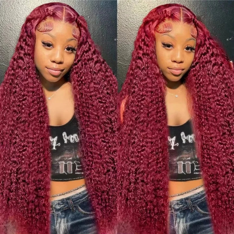 Deep Curly Human Hair Wigs Burgundy 13x4 HD Transparent Lace Front Pre Plucked with Baby Hair - 16-34 Inch