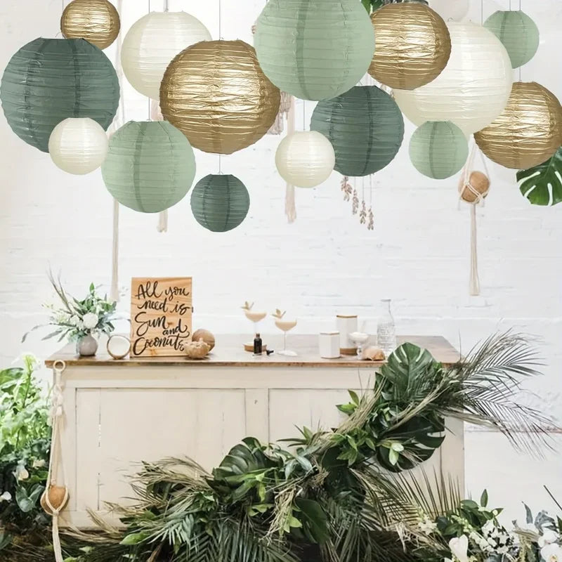 Sage Paper Lantern Set for Wedding Decor and Holiday Backgrounds - Green & Variety Styles