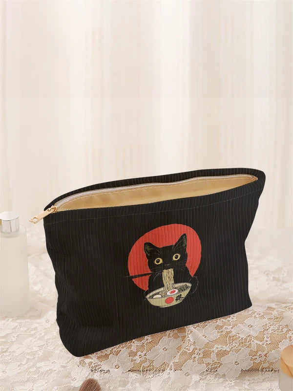 Black Cat Pattern Corduroy Makeup Bag with Zipper - Lightweight Storage Organizer