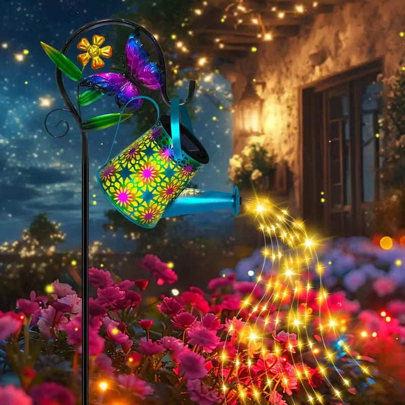 Solar-Powered Butterfly Watering Can Garden Decor with Lantern - Outdoor Lawn Accent