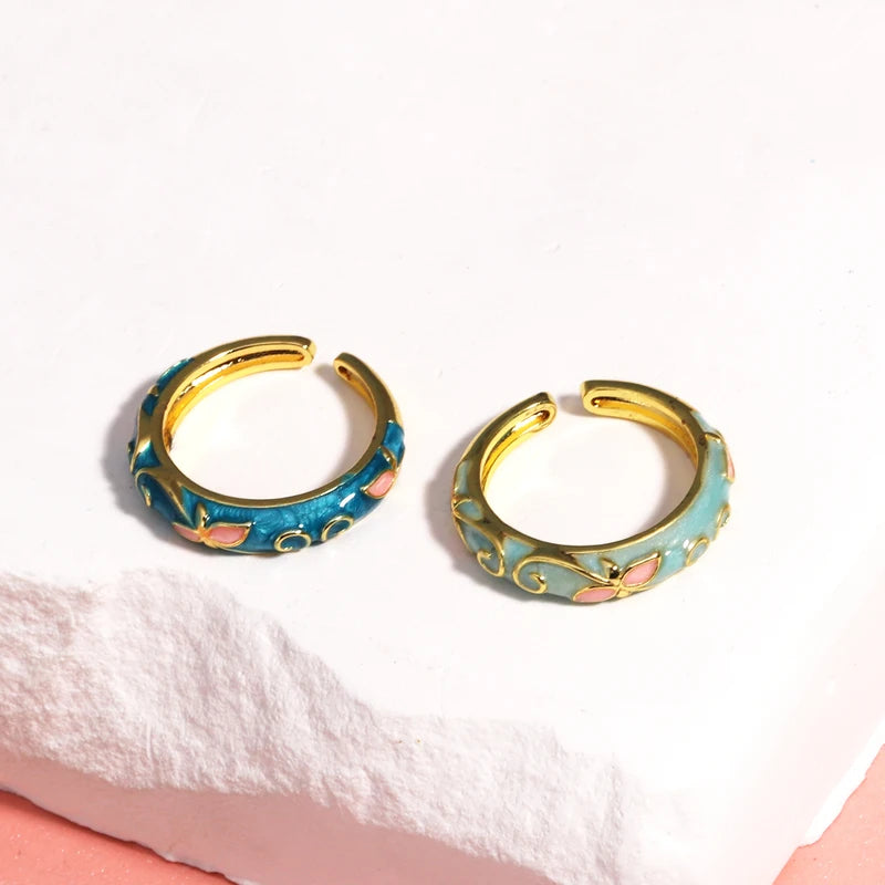 Vintage Enamel Flower Adjustable Ring for Women Wedding Jewelry