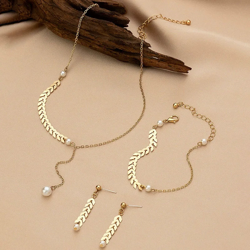 Women Jewelry Sets Necklace Bracelet Earrings Gold Wheat Charm Wedding Party Gift