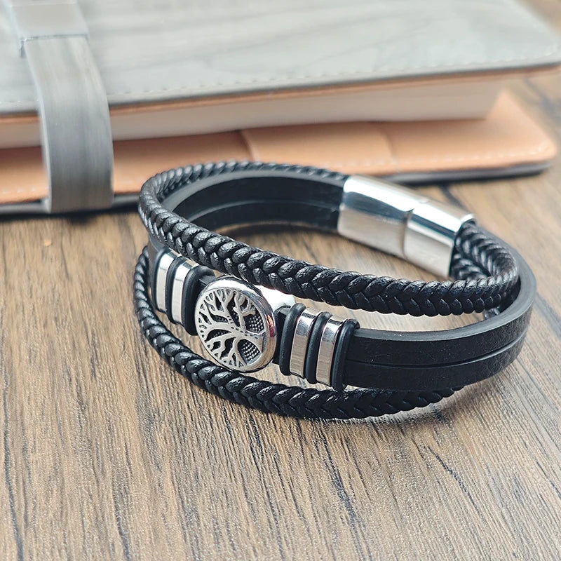 Men's Leather Bracelet with Stainless Steel Charm - Irregular Punk Accessories