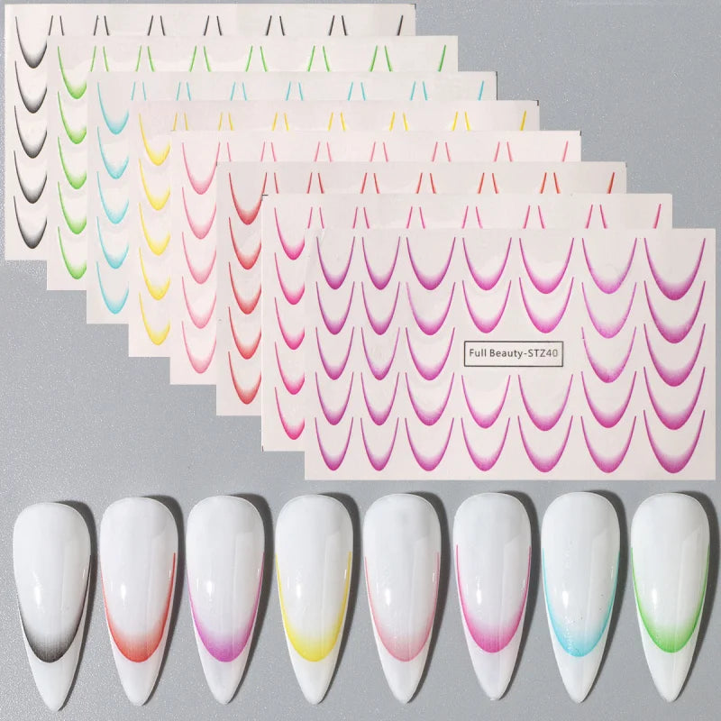 8PCS Gradient French Nail Art Stickers Water Transfer Decals for DIY Manicure