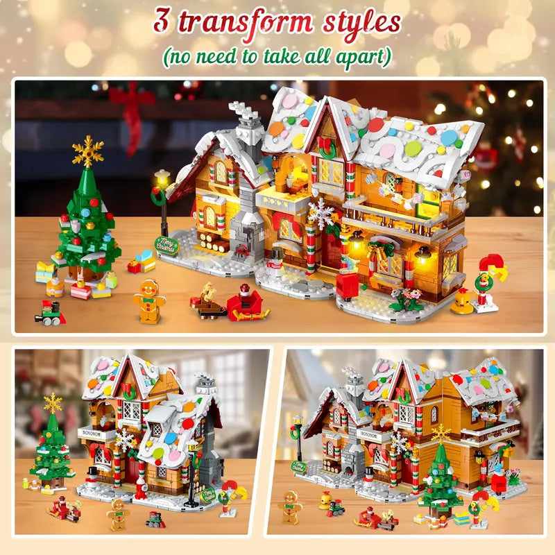 Christmas Gingerbread House Building Toy with LED Lights - 3 Style Modes for Kids & Adults