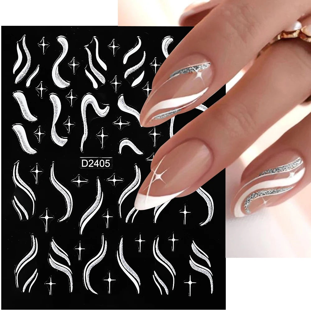 French Nail Stickers with Gold Silver Stripes Waves Ribbons Reflective Powder Decals