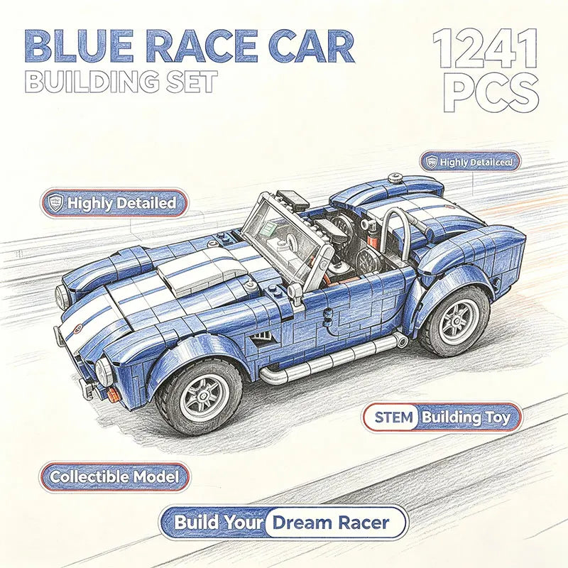 1241-Piece Classic Blue Race Car Building Kit - STEM Model Car Toy for Kids & Adults