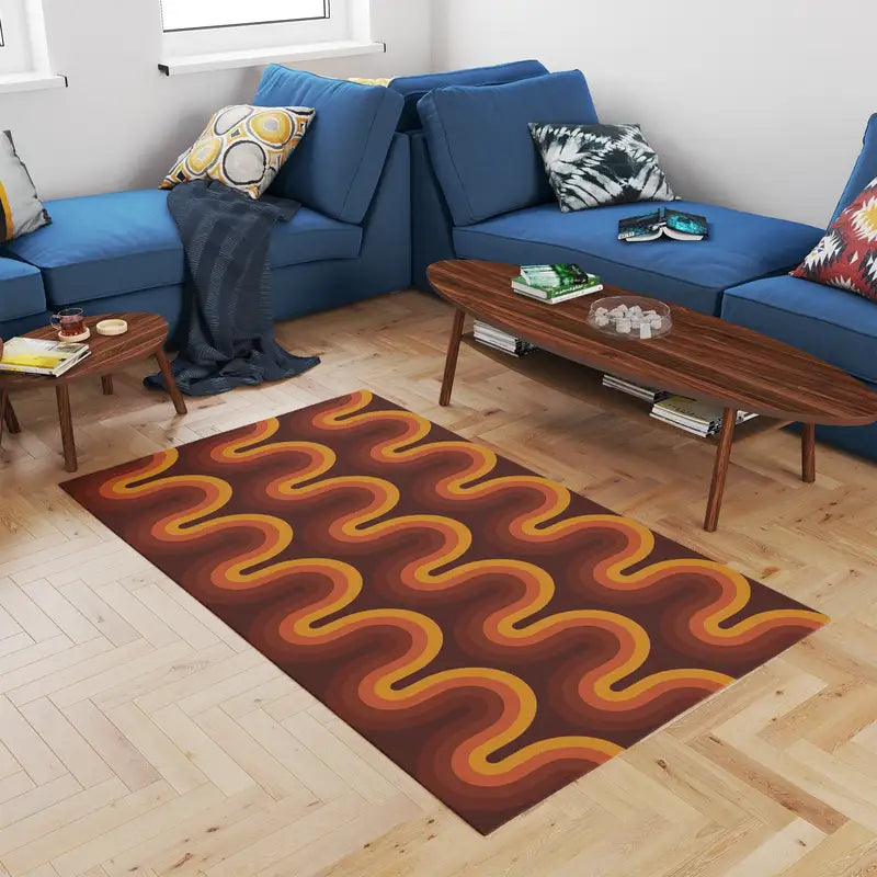 Geometric Area Rug - Retro 70s Style Mid-Century Dorm Decor in Multiple Sizes