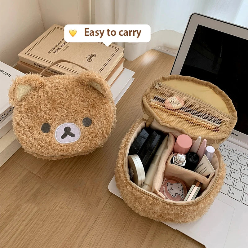 Cute Bear-Shaped Plush Cosmetic Bag with Multi-Compartment Jewelry Organizer - Travel Makeup Storage Pouch