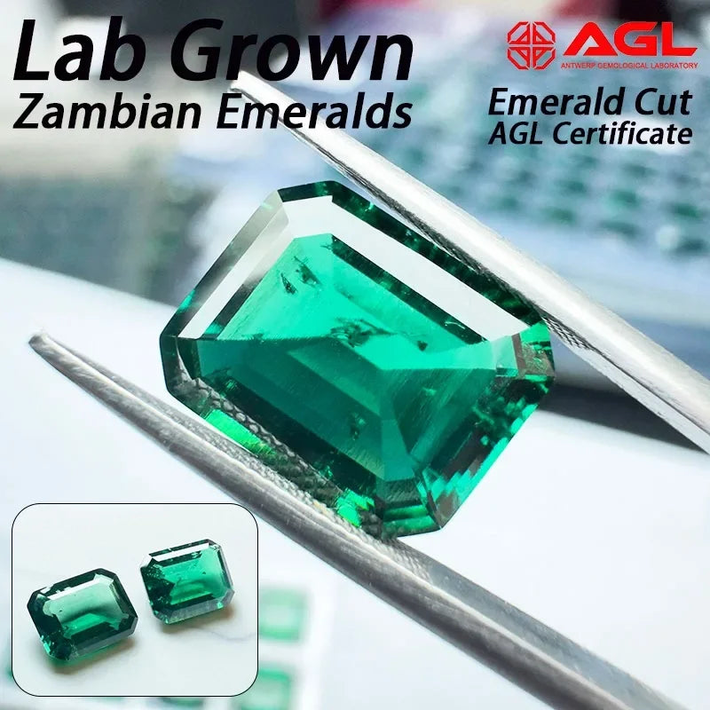 Lab Grown Zambian Emerald Cut Gemstone with Hydrothermal Growth and Certificate
