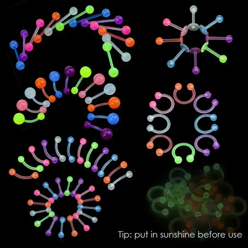 Glow In Dark Flexible Body Piercing Jewelry Set - Tongue, Ear, Lip, Septum, Eyebrow, Cartilage, Daith, Helix