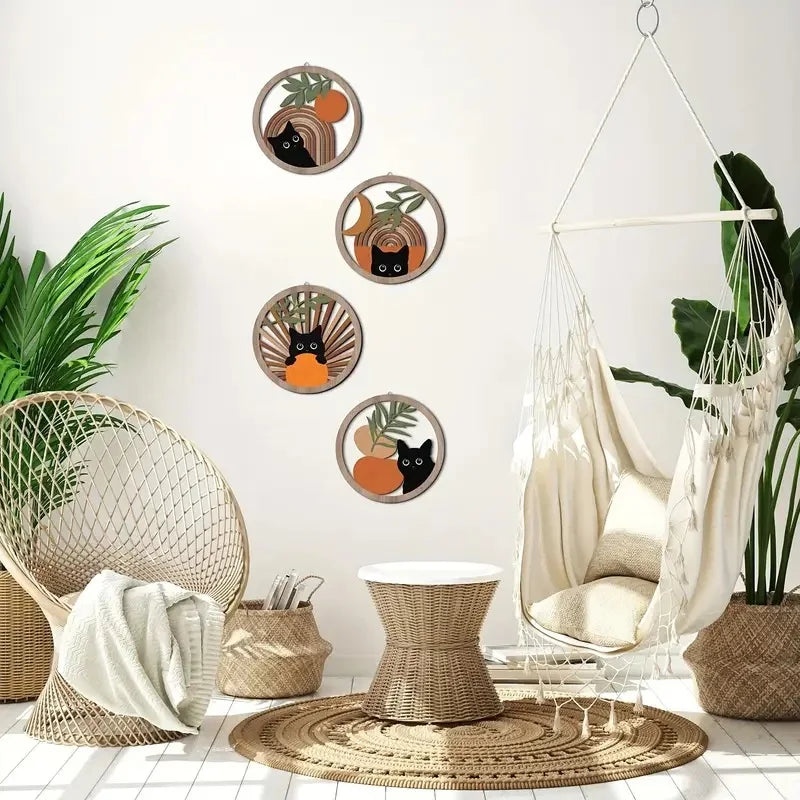 Bohemian Wall Art Decor Set - Hollowed-Out Wooden Sculptures for Living Room and Bedroom