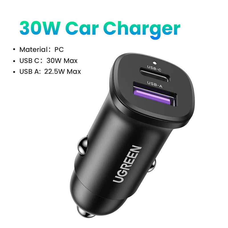 Fast USB Car Charger 30W Dual Quick Charge 4.0 Type C & USB-A for Smartphone
