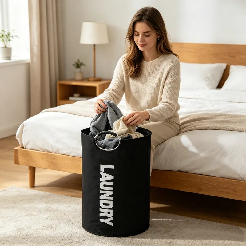 Large Foldable Laundry Basket with Water-Resistant Oxford Fabric & Padded Handles