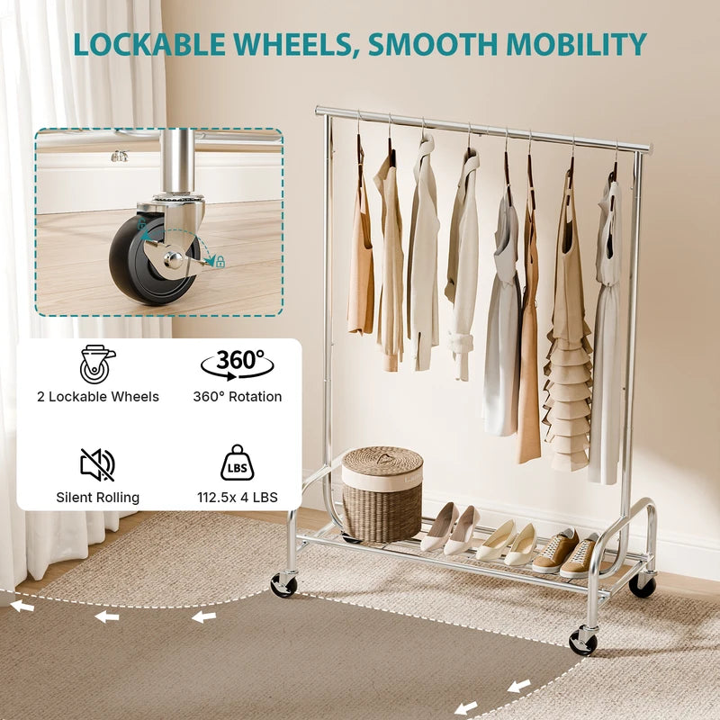 Heavy Duty Clothes Rack with Wheels and Adjustable Top Hanging Rod - Entryway Storage Organizer for Home