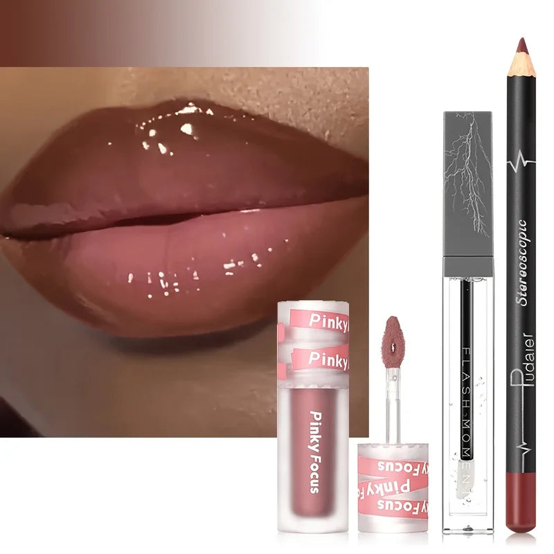 3-Piece Lip Makeup Set - Gloss, Lip Oil & Lip Liner - Nourishing, High Shine