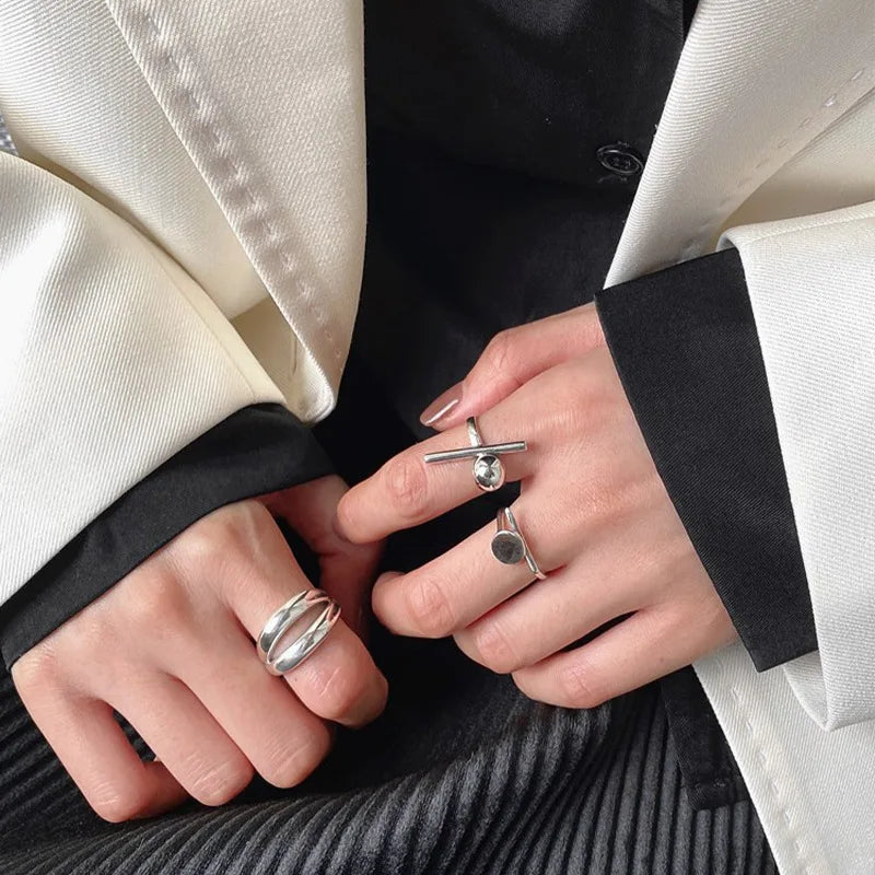 Sterling Silver Geometric Double Layer Rings for Party & Gift - Multiple Colors