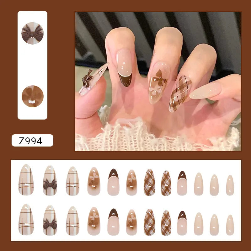 24Pcs Press-On Nails with French Bow Design Medium Almond Style for Women & Girls