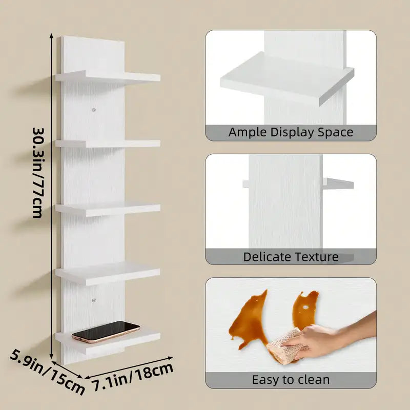 5-Tier Floating Wall Shelf - Space Saving Wall Mounted Organizer for Bedroom Living Room Office Black/Brown