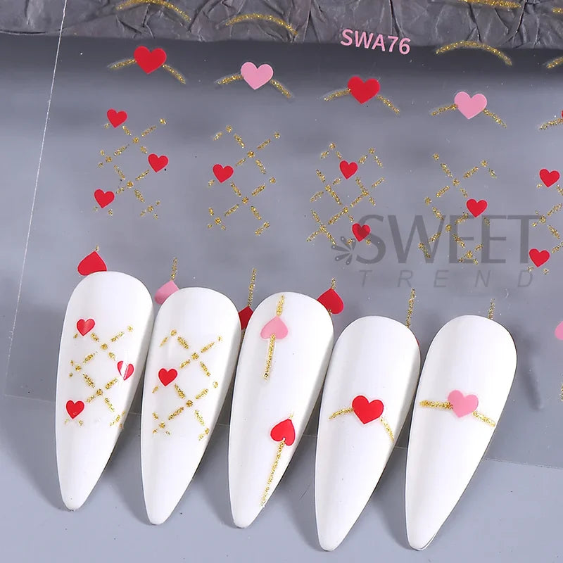4 Pcs Gold Heart Line Nail Art Stickers for Romantic Valentines French Tips