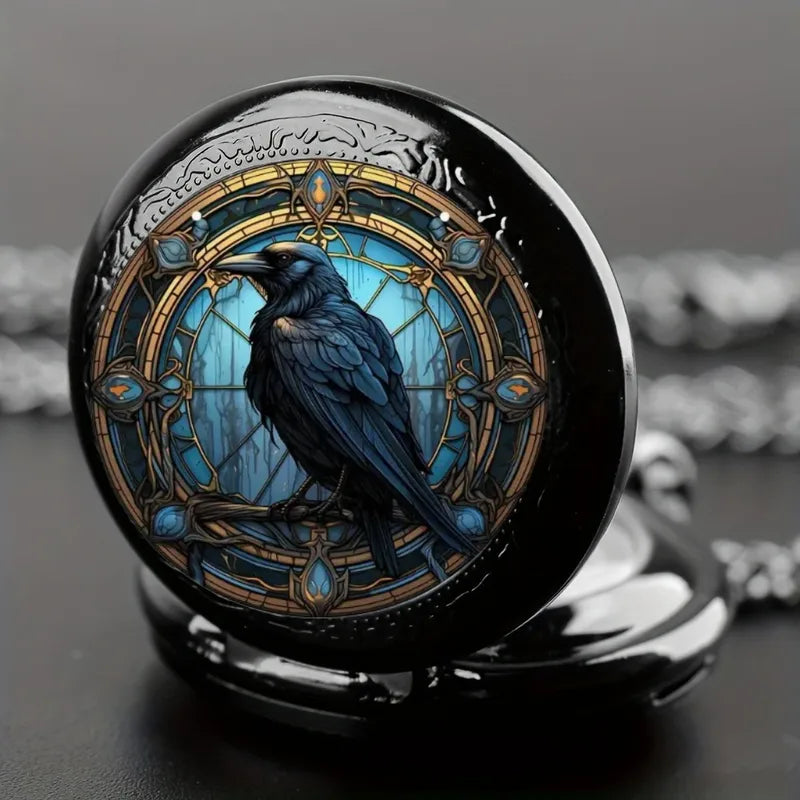 Vintage Black Crow Pocket Watch Necklace with World Time - Unisex Gift