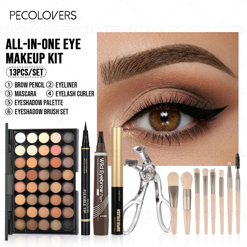 13-Piece Eye Makeup Set with Brushes, Eyeliner, Eyebrow Pencil & Mascara Clip