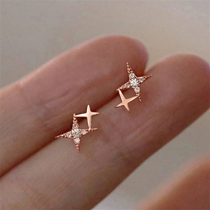 Fashion Silver Color Stud Earrings for Women - Asymmetrical Cross Star Jewelry