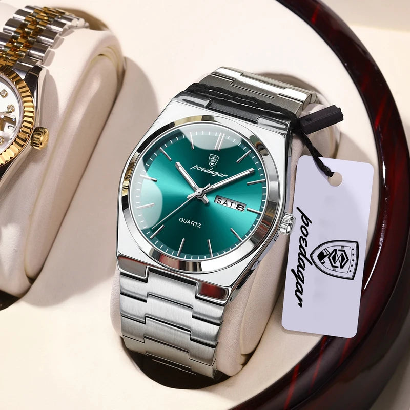 Men's Business Watch Stainless Steel Waterproof Luminous Quartz Wristwatch with Date