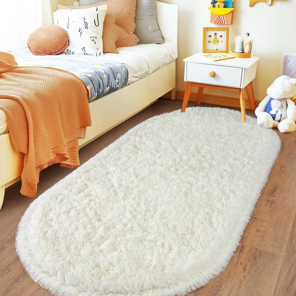 Fluffy Oval Carpet Bedside Mat - Moisture-Proof, Kids & Living Room Decor