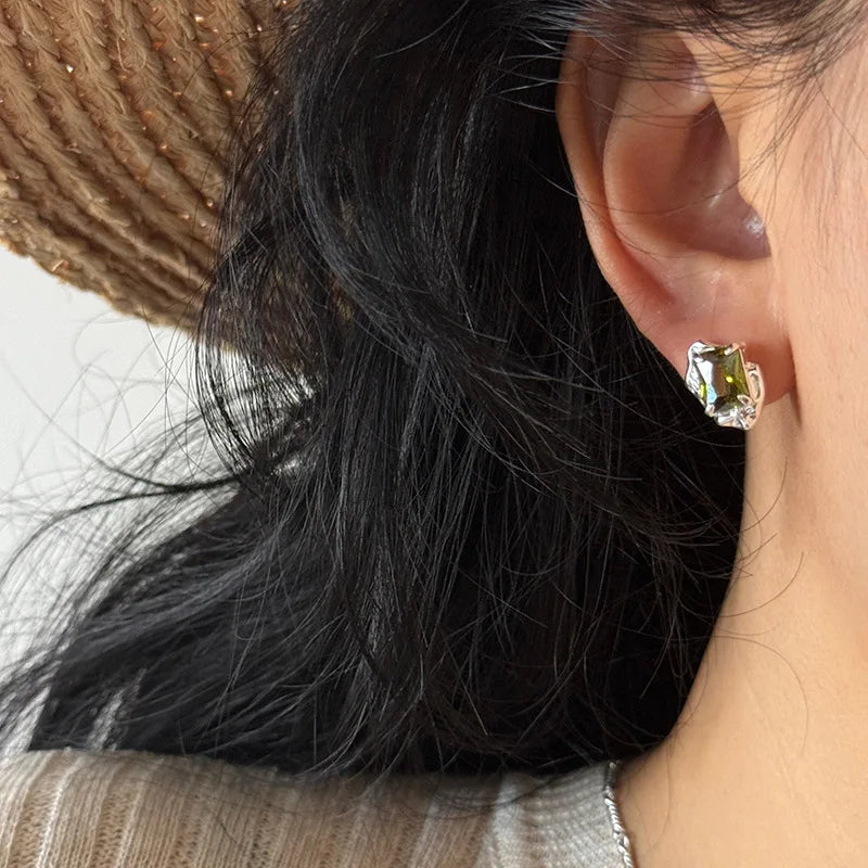 Sterling Silver Stud Earrings with Green Square Crystal & Lava Design for Women Girls