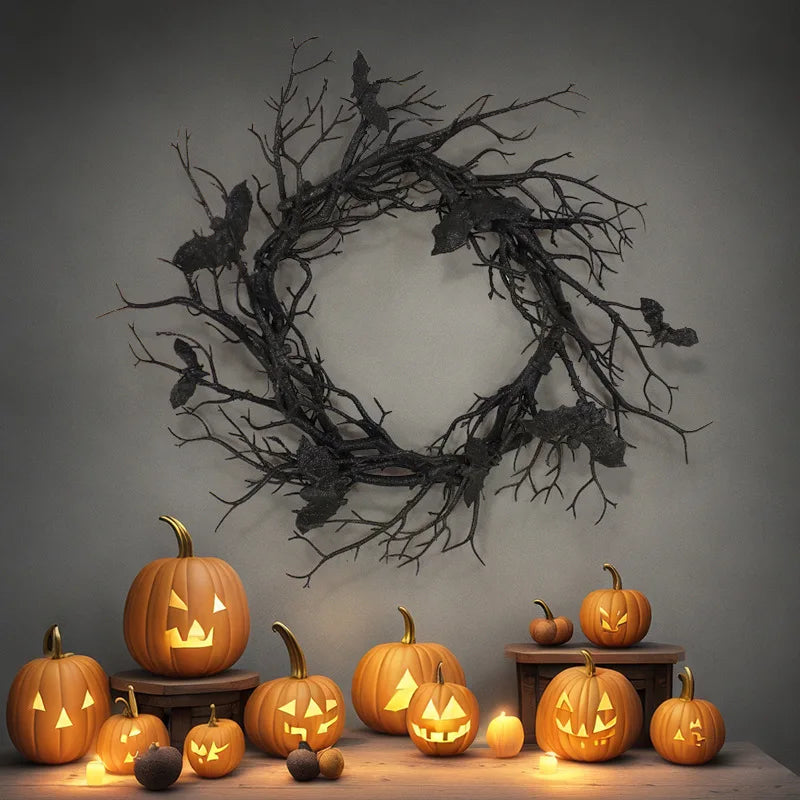 Halloween Artificial Wreath with Bat Design and LED Lights for Front Door Decor