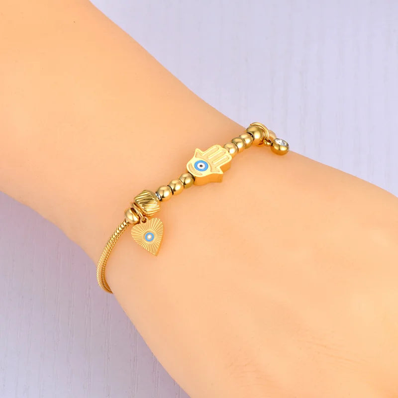 Stainless Steel Fatima Hand Blue Eye Charm Fashion Bracelet for Women