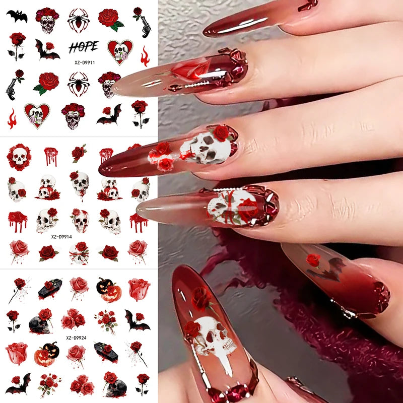 30pcs Halloween Nail Art Stickers Ghost Pumpkin Skull Bat Black Cat Decorations