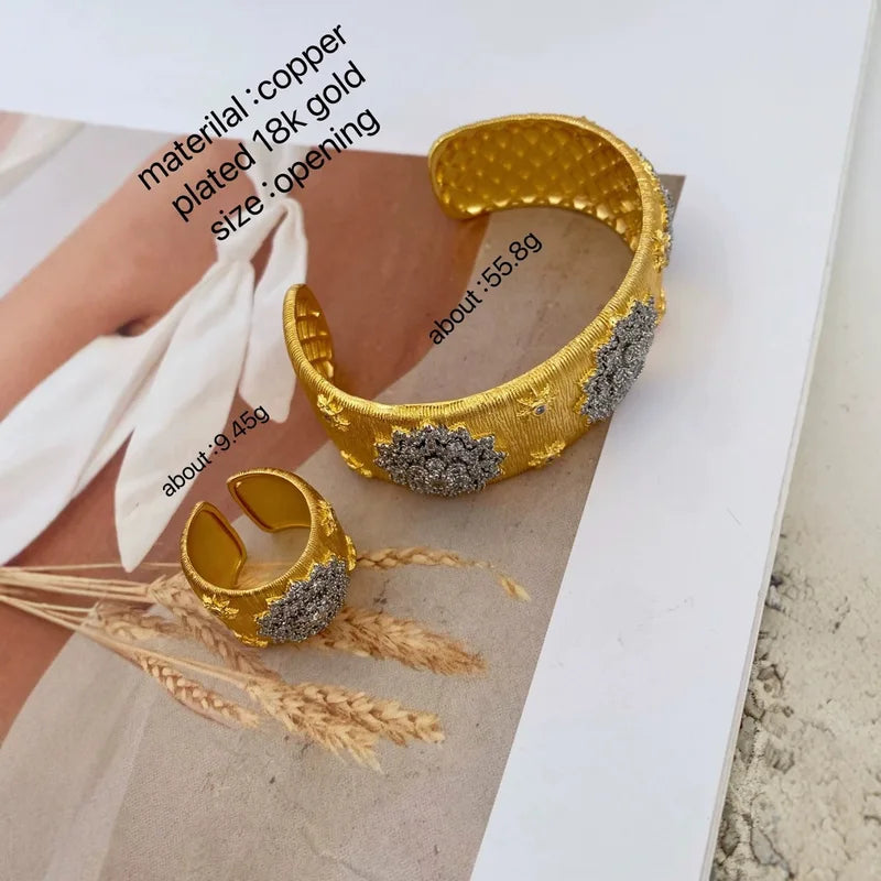 European and American Retro Copper Gold-Plated Zirconia Jewelry Ring and Bangles Set