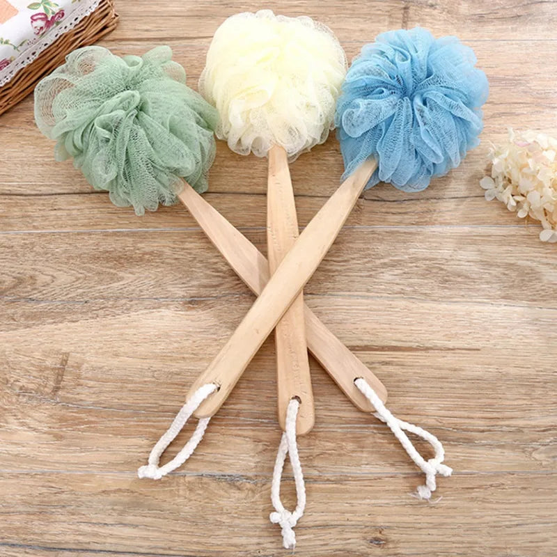 Wooden Handle Bath Brush with Soft Mesh Back Scrubber for Exfoliating & Body Cleaning