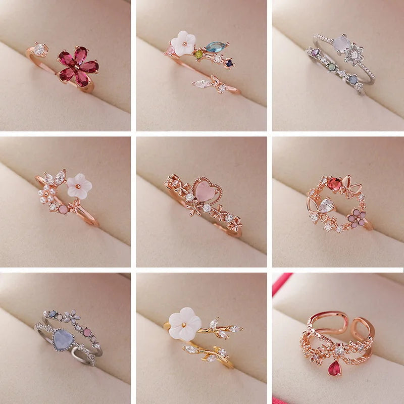 Korean Delicate Flowers Rings for Women Girls Micro-Inlaid Crystal Jewelry