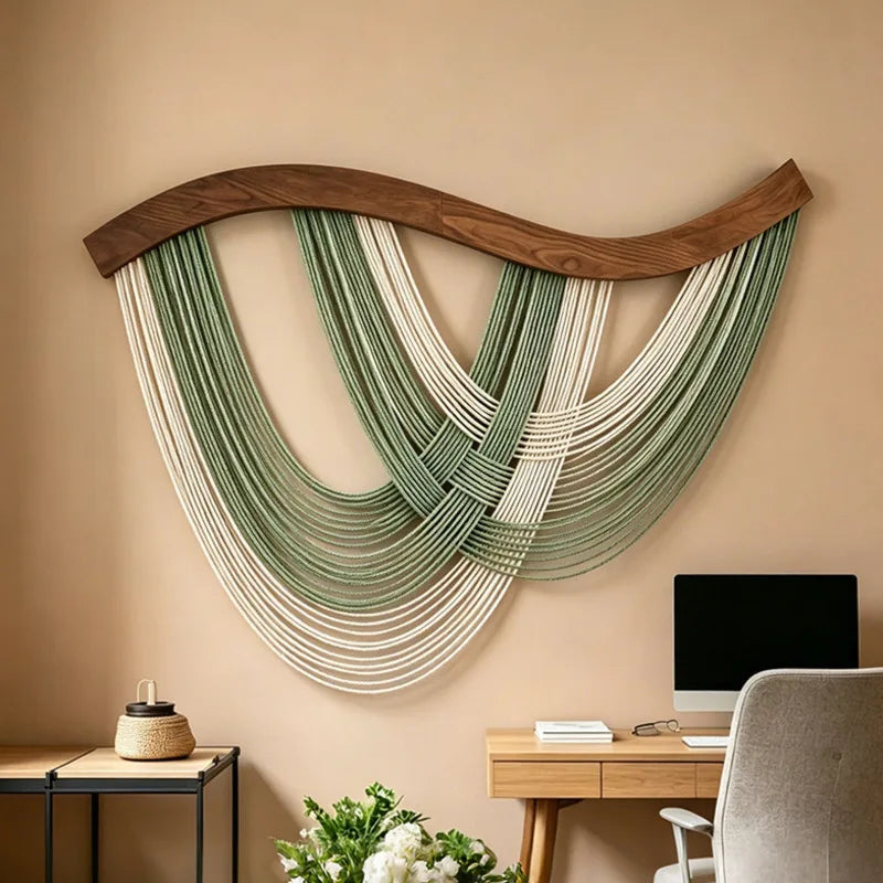 Boho Macrame Wall Hanging Tapestry with Wooden Rod - Nordic Style Home Decor