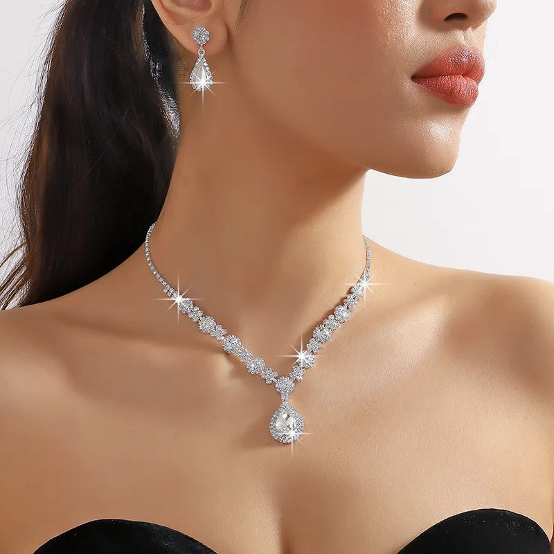 Women’s Crystal Droplet Necklace and Earrings Set for Weddings and Formal Events