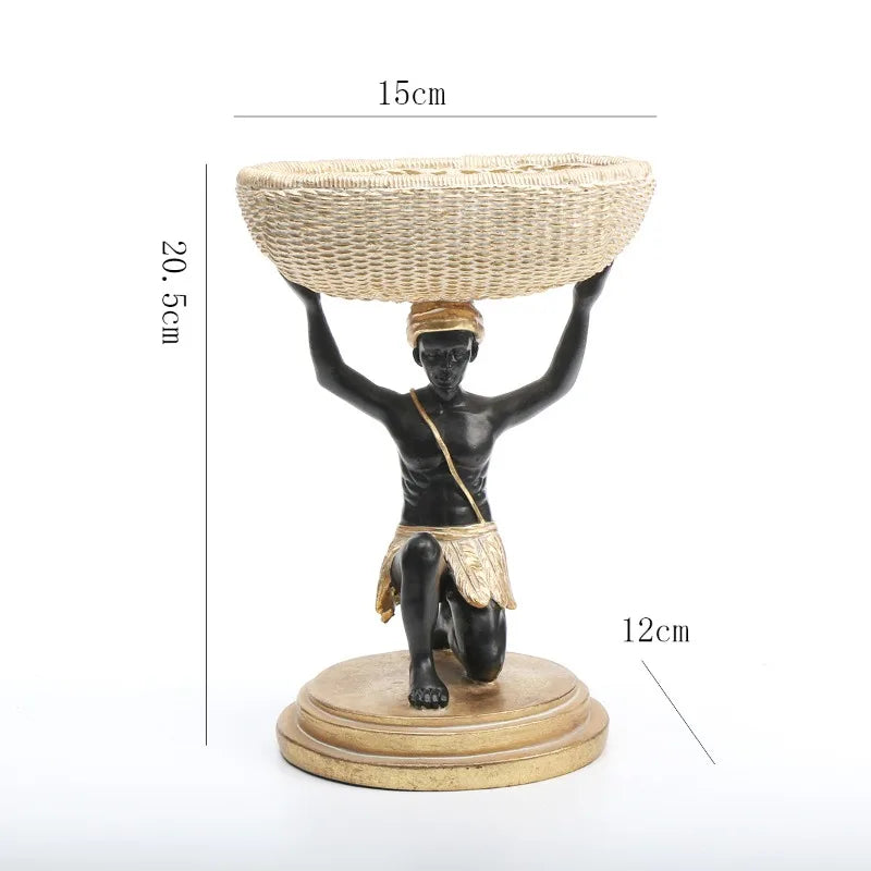African Black Resin Basket Sculpture | Tribal Woven Storage Decor for Living Room & Entryway