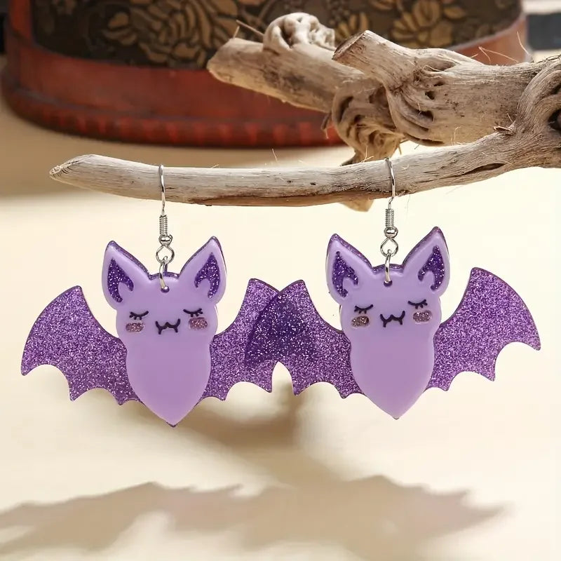 Halloween Bat Earrings - Glittery Acrylic Sequin Studs, Spliced Design, Multiple Colors