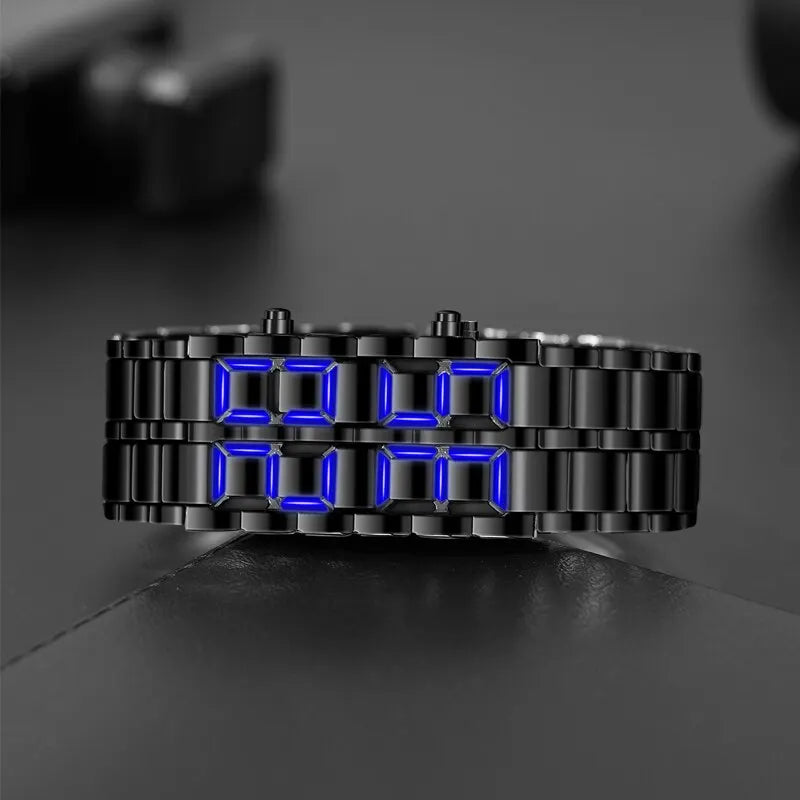 Digital LED Wrist Watch for Men - Full Metal Lava Design, Blue Display, Alarm