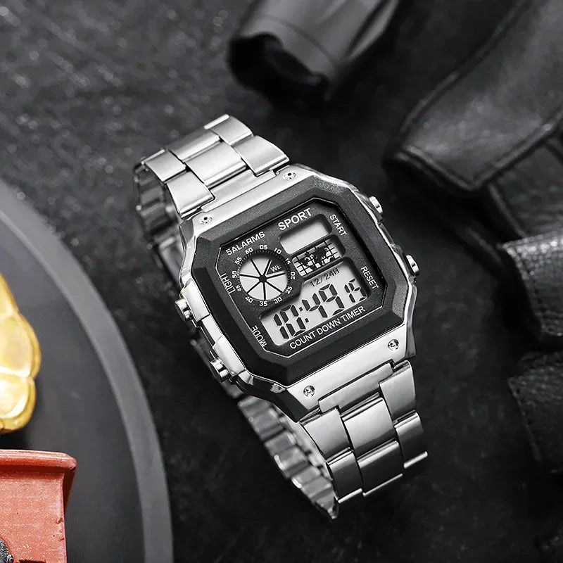 Men's Digital Sports Watch Waterproof LED Stainless Steel Strap Military Style