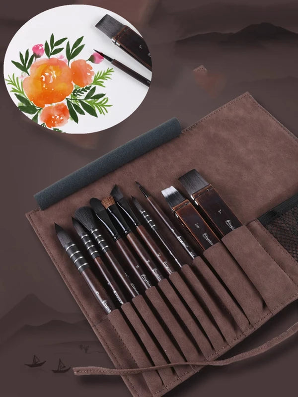 Watercolor Paint Brush Set 10 Pcs with Nylon & Rat Hair, Travel-Friendly Art Supplies