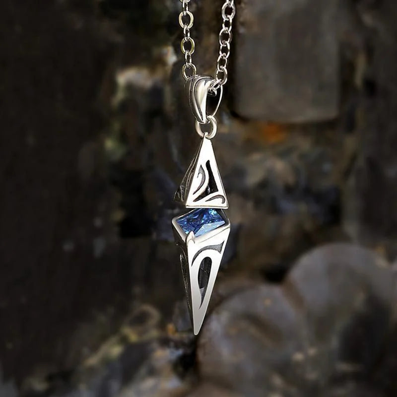 Men's Blue Stone Necklace with Geometric Pendant - Stainless Steel Collar Jewelry