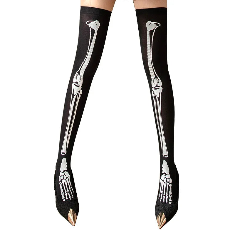 Women's Gothic Skeleton Bones Print Long Socks - Halloween Streetwear